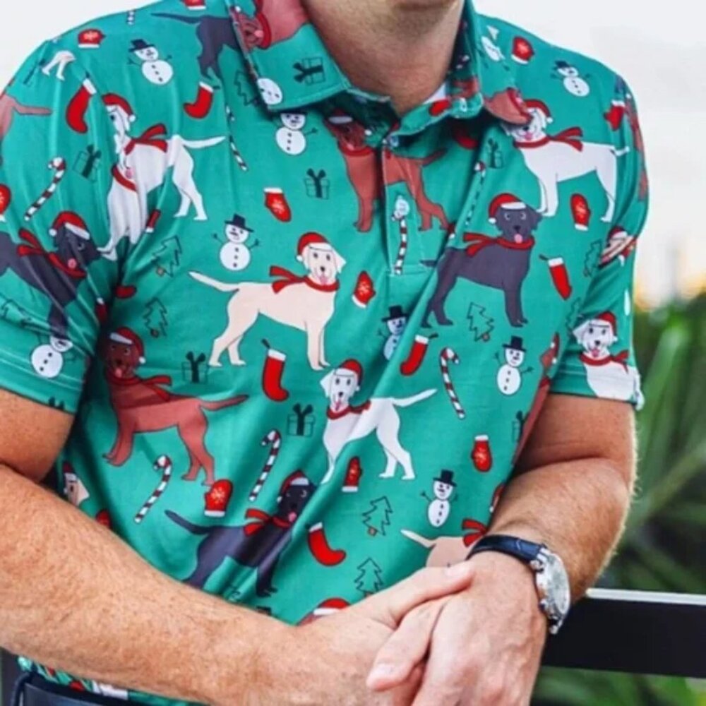 Proud 90 Holiday Christmas Pups Golf Polo S